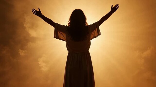 Silhouette of a Female Christian worshipper with arms raised in praise, 4K video footage, capturing spiritual devotion and hopeful atmosphere.