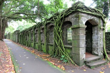 Ancient stone wall overgrown with vines, walkway
