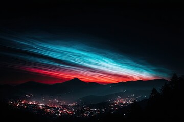Night sky aurora over mountain city