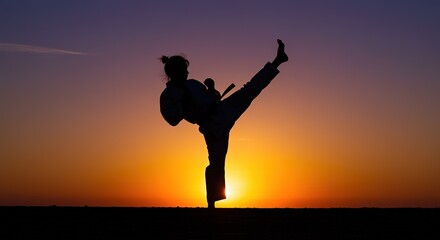 Silhouette of a Female Martial Artist Performing a Kick Against a Stunning Sunset Background Showing Discipline and Strength