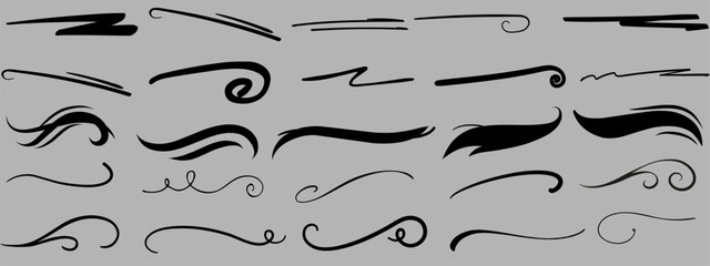 Elegant Decorative Swirl, Flourish, and Underline Vector Collection for Vintage and Invitation Design vector illustrations on a gray background.	