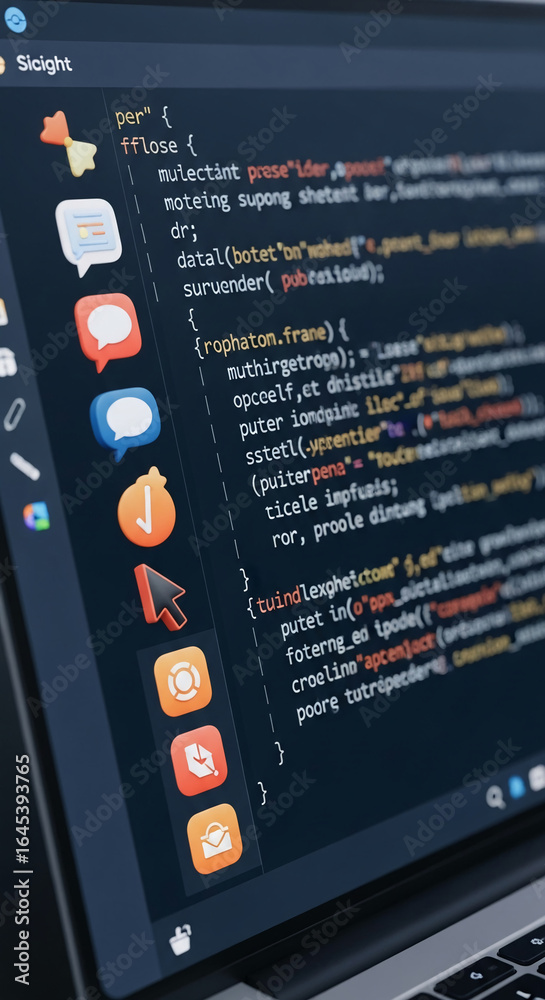 Wall mural close-up of laptop screen displaying code with colorful icons, showcasing software development, prog