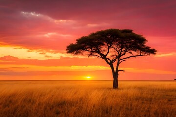Obraz premium Acacia Tree in African Savannah at Sunset sunrise