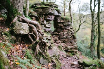 Fototapeta premium Ancient stone archway in a mossy forest. Roots climb a rocky hillside