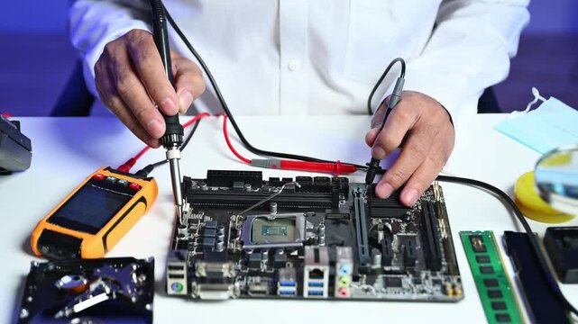 Computer technician in gloves safely repairing desktop hardware. Close-up view of hands fixing GPU and motherboard inside open PC case. Perfect for tech