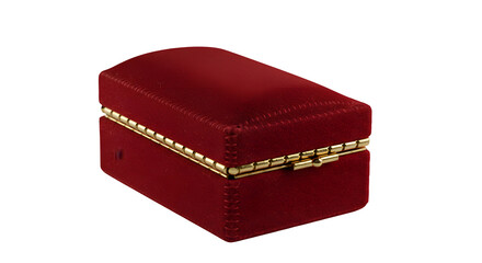Red velvet jewelry box with gold trim sits against black. Perfect for product photography, presentations, and luxury branding.