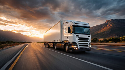 white modern semi-truck driving on a highway