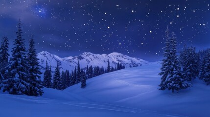Snowy winter landscape under starry night sky with pine trees and mountains in peaceful blue light