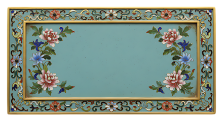 Realistic Antique Chinese Cloisonné Enamel Nameplate with Colorful Floral Motifs and Gold Edges Isolated on Transparent Background No Text