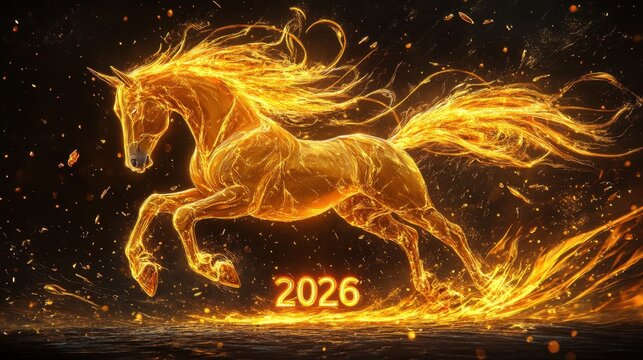 Year of the Fire Horse 2026 glowing horse silhouette in motion with golden flames on dark background