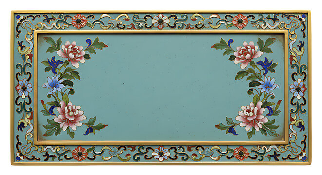 Realistic Antique Chinese Cloisonné Enamel Nameplate with Colorful Floral Motifs and Gold Edges Isolated on Transparent Background No Text