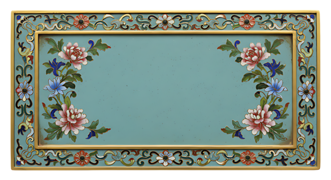 Realistic Antique Chinese Cloisonné Enamel Nameplate with Colorful Floral Motifs and Gold Edges Isolated on Transparent Background No Text