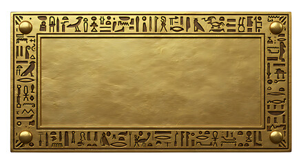 Realistic Antique Egyptian Gold Nameplate with Hieroglyphic Frame Carvings and Textured Surface Isolated on Transparent Background No Text