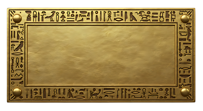 Realistic Antique Egyptian Gold Nameplate with Hieroglyphic Frame Carvings and Textured Surface Isolated on Transparent Background No Text