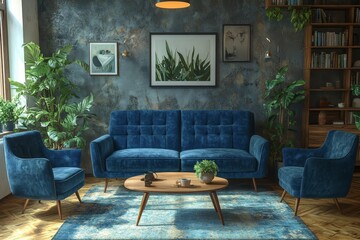 Dark blue fabric sofa and chairs arranged in a mid-century modern living room. 3D rendering, Generative AI