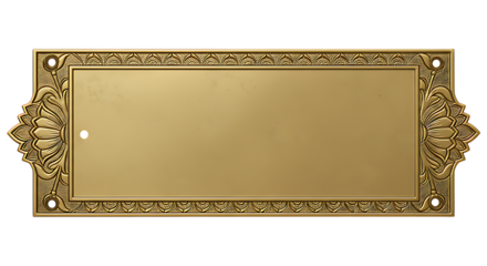 Realistic Antique Indian Brass Nameplate with Embossed Lotus Border and Polished Golden Surface Isolated on Transparent Background No Text