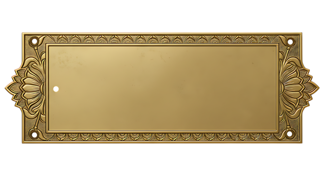 Realistic Antique Indian Brass Nameplate with Embossed Lotus Border and Polished Golden Surface Isolated on Transparent Background No Text