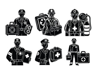 Paramedics and emergency medical technicians illustrated in black and white vector image