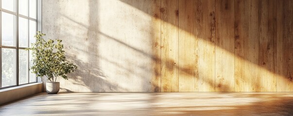 Loft-style interior design for a modern living room in a villa, featuring wooden paneling and concrete walls. 3D rendering, Generative AI