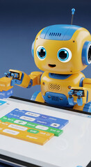 Fototapeta premium Yellow and blue toy robot interacts with a colorful coding interface, showcasing technological learning and programming concepts for children