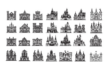 Panoramas of beautiful royal buildings. The splendor of streets in Asian countries. Vector illustrations for various purposes.