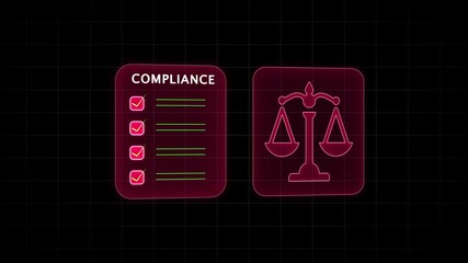 Neon Glow Compliance Checklist and Scales of Justice Icon Representing Legal Standards and Regulatory Adherence in Business and Law