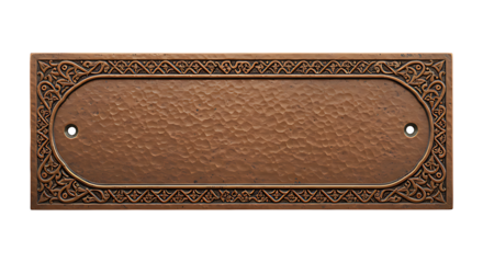 Realistic Antique Turkish Copper Nameplate with Arabesque Border Engravings and Aged Hammered Texture Isolated on Transparent Background No Text