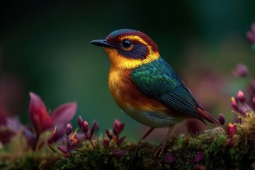 Fototapeta premium Vibrant Bird Perched on Branch A Colorful Wildlife Portrait in Lush Greenery