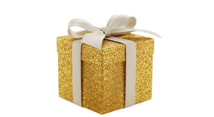 Gold glitter gift box shines with a white satin ribbon. Perfect for holiday promotions, product display, festive backgrounds, and digital designs.