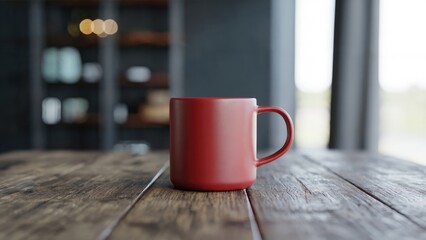 Cozy red mug rests on rustic wooden table, inviting a moment of warm relaxation and enjoyment.