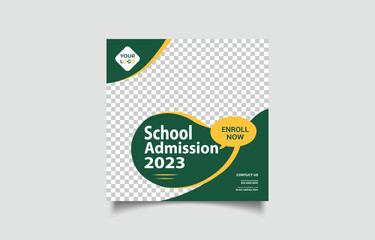 School Admission Open for 2023 Announcement Template Design Promote Education Opportunity for New Students with Green and Gold Accents