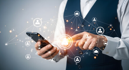Person using smartphone with connected network of people icons