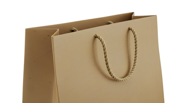 Brown paper shopping bag shows grainy surface texture, under soft lighting, ideal for product mockups, branding, retail marketing, and shopping ads.