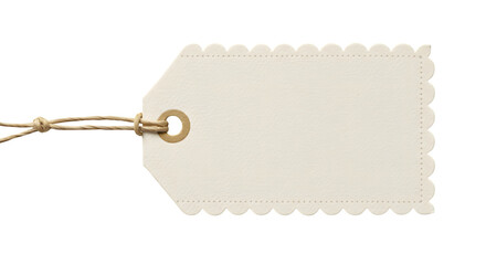 Cream paper tag with scallop edge and twine. Close-up shows texture details. Great for product...