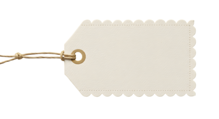 Cream paper tag with scallop edge and twine. Close-up shows texture details. Great for product labeling, price tags, branding mockups, social media posts.