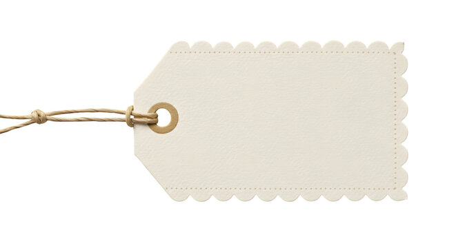 Cream paper tag with scallop edge and twine. Close-up shows texture details. Great for product labeling, price tags, branding mockups, social media posts.