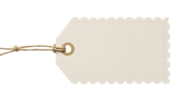 Cream paper tag with scallop edge and twine. Close-up shows texture details. Great for product labeling, price tags, branding mockups, social media posts.