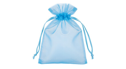 Sky blue sheer organza bag sits isolated on black. Use as product packaging, party favors, or retail display.