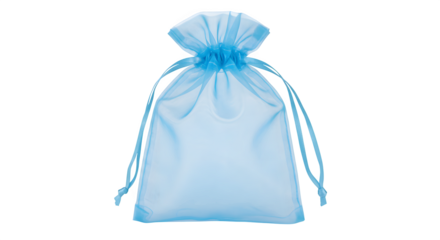 Sky blue sheer organza bag sits isolated on black. Use as product packaging, party favors, or retail display.