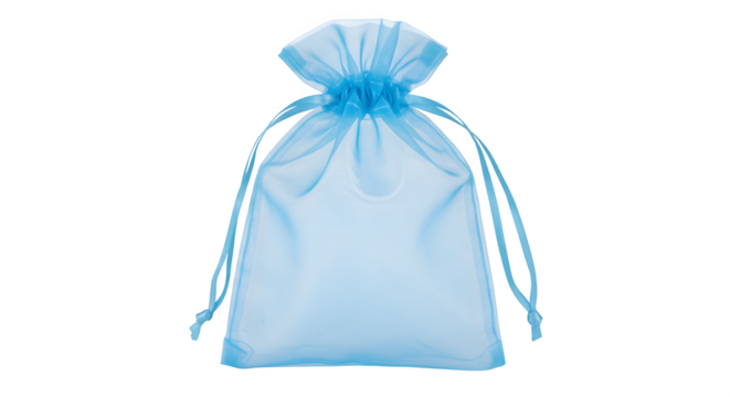 Sky blue sheer organza bag sits isolated on black. Use as product packaging, party favors, or retail display.