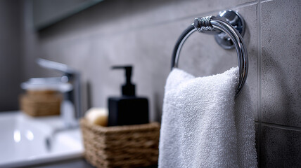 白いタオルが洗面所に掛けられている様子