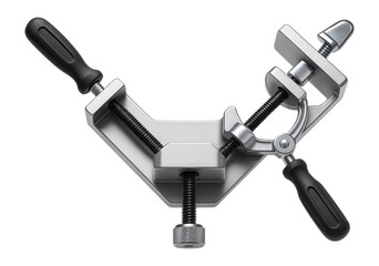 Aluminum corner clamp with a swivel jaw for irregularly shaped pieces in a furniture workshop.