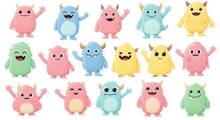 Collection of colorful cartoon monsters, various expressions and poses.