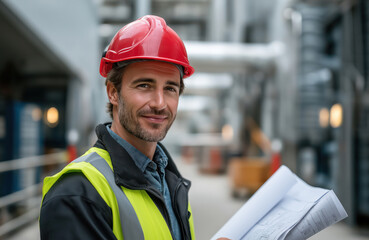 A portrait of an attractive, smiling male construction worker in his thirties, wearing a high-visibility vest and a red hard hat, looking at the camera and holding blueprints on site. 