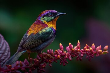 Fototapeta premium Exotic Bird Perched on a Branch Vibrant Plumage in Close-Up, Nature's Beauty Captured