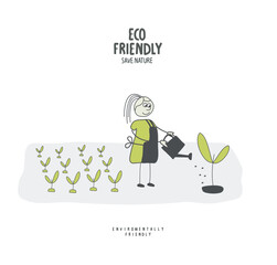 Vector cartoon sketch of Volunteers plant trees. Activities for environmental protection. Environmentally friendly planet concept.