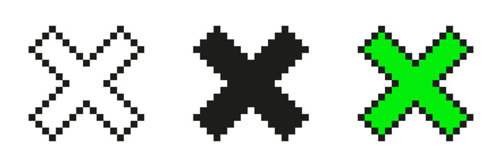 Pixel Art X Icons Set. Retro Style Cross Symbols Collection. White, Black, And Green Variations For Error, Close, Or Cancel Functions. Isolated Vector Illustration