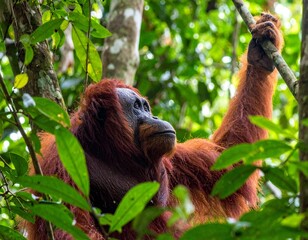 Fototapeta premium Orangutan sitting in tropical forest canopy, deep thoughtful eyes, detailed fur, sun