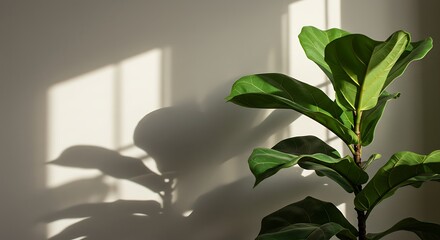 Fiddle leaf fig plant in a pot with sunlight and shadow on the wall