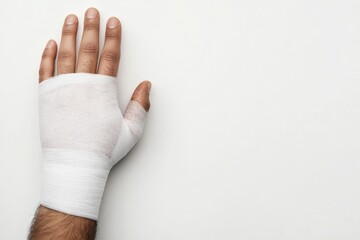 Close up view of a bandaged hand illustrating an injury, resting against a clean white backdrop, emphasizing the importance of medical care